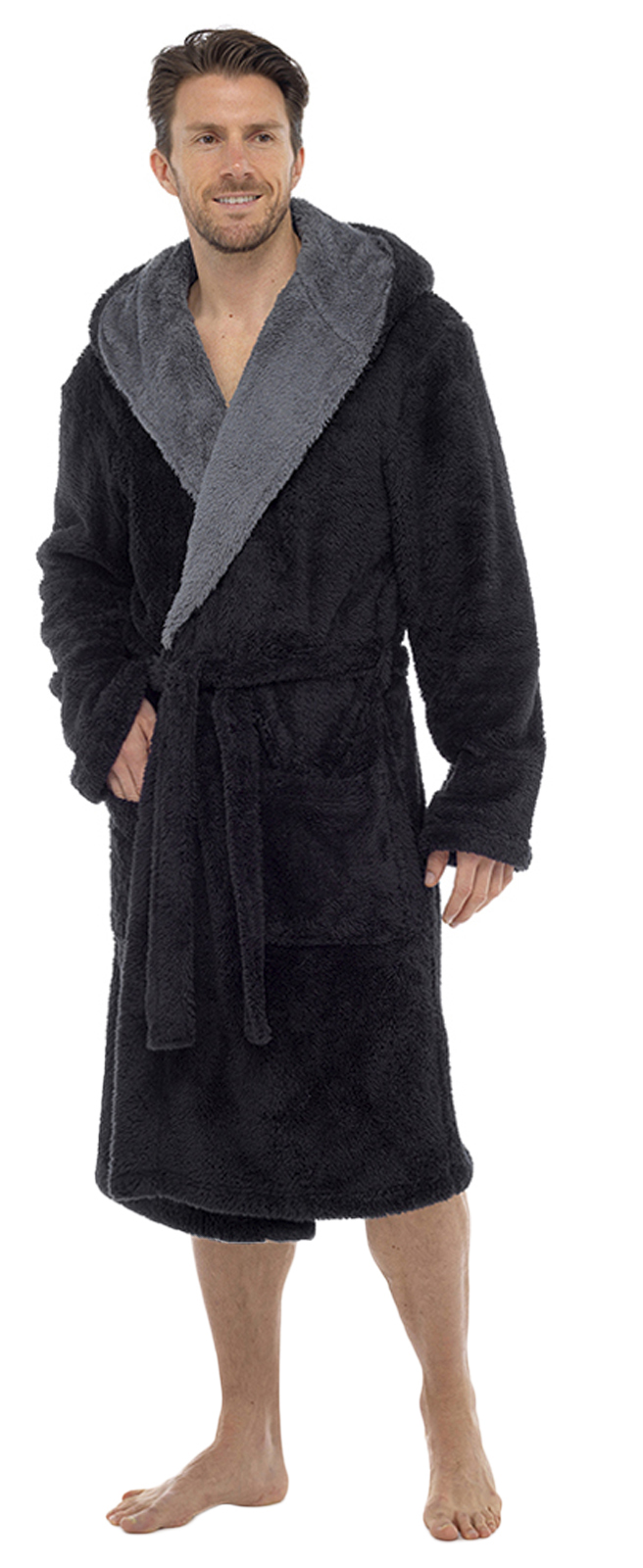 Luxury Mens Sherpa Flannel Fleece Dressing Gown Hooded Robe Housecoat